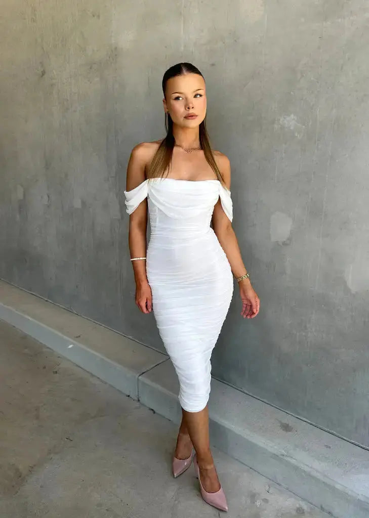 Stylish off-shoulder midi bodycon dress, ideal for formal events, evening parties & special occasions.