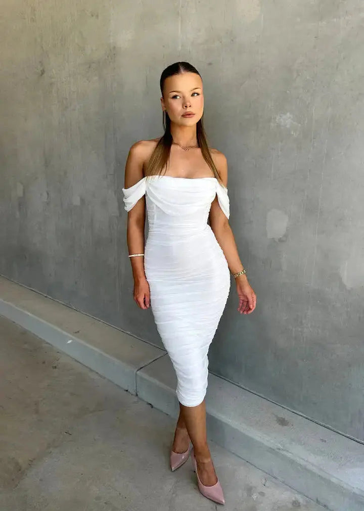 Stylish off-shoulder midi bodycon dress, ideal for formal events, evening parties & special occasions.