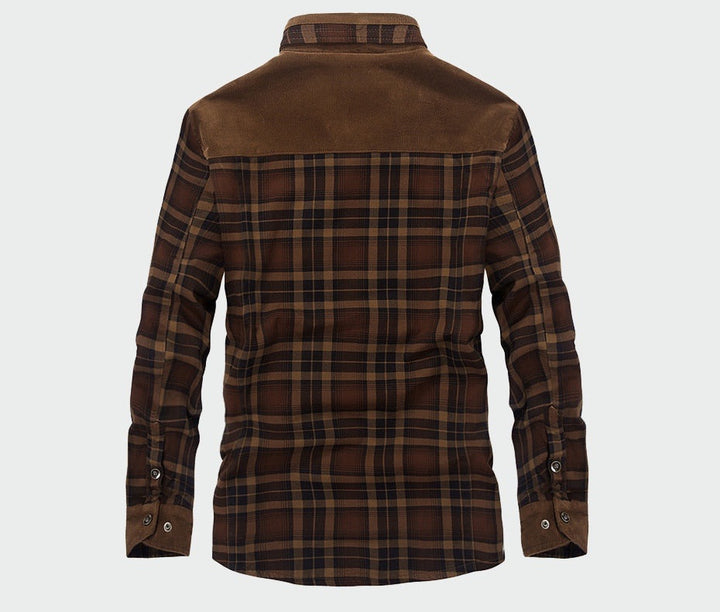 Cozy men's plaid shirt jacket with button-down front, ideal for casual outerwear and layering.