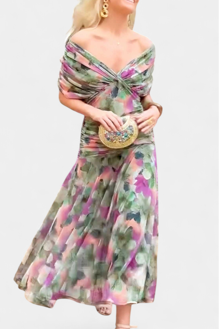 Flattering women's floral maxi dress, elegant V-neck & pleated waist for summer parties.