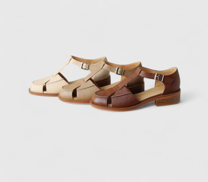 Khaki women's elegant closed-toe T-strap sandals, ideal for comfortable and stylish summer footwear.