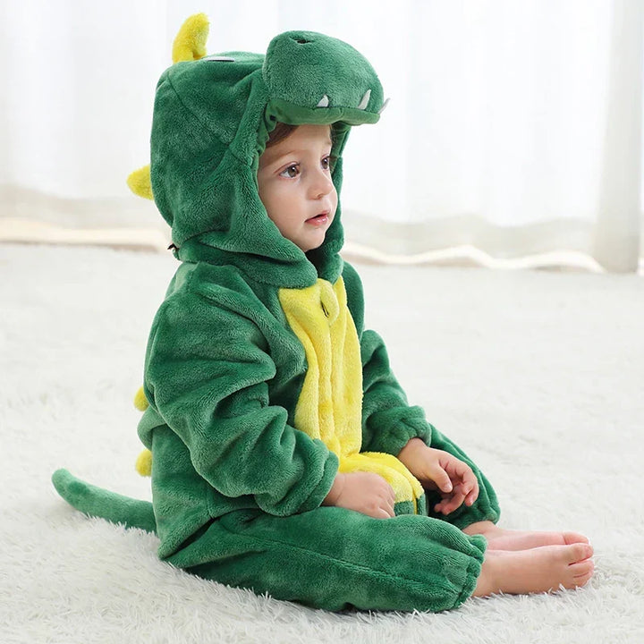 JungleBuddies toddler dinosaur onesie, plush animal romper for play or sleep.