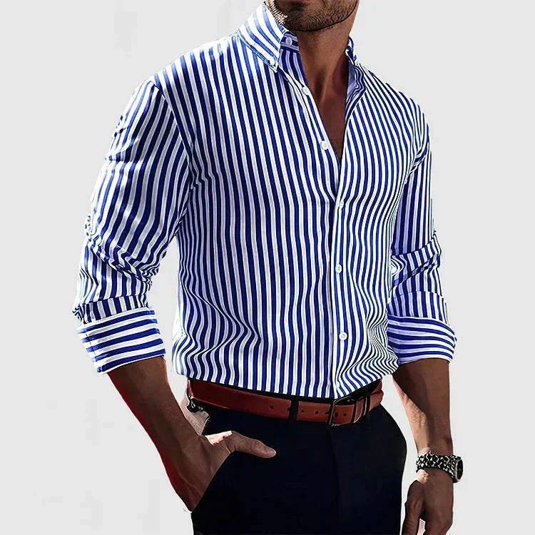 Men's elegant striped dress shirt, long sleeve, perfect for professional or formal wear, tailored fit.
