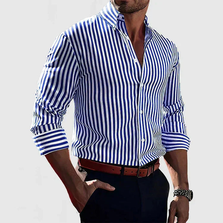 Men's elegant striped dress shirt, long sleeve, perfect for professional or formal wear, tailored fit.