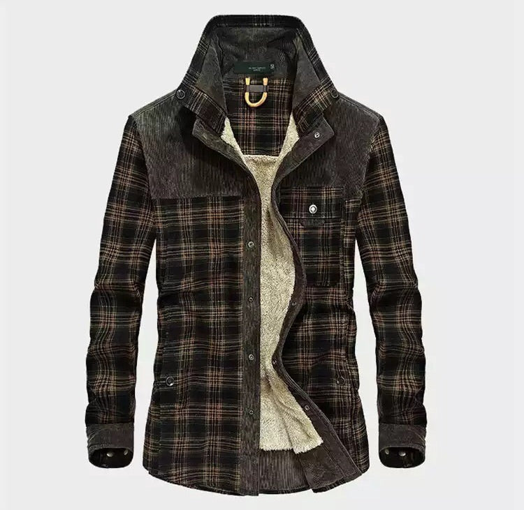 Men's warm plaid shirt jacket, perfect for outdoor comfort and casual winter layering.