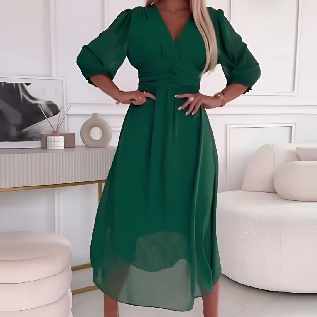Versatile women's elegant wrap midi dress, suitable for both casual wear and dressy occasions.