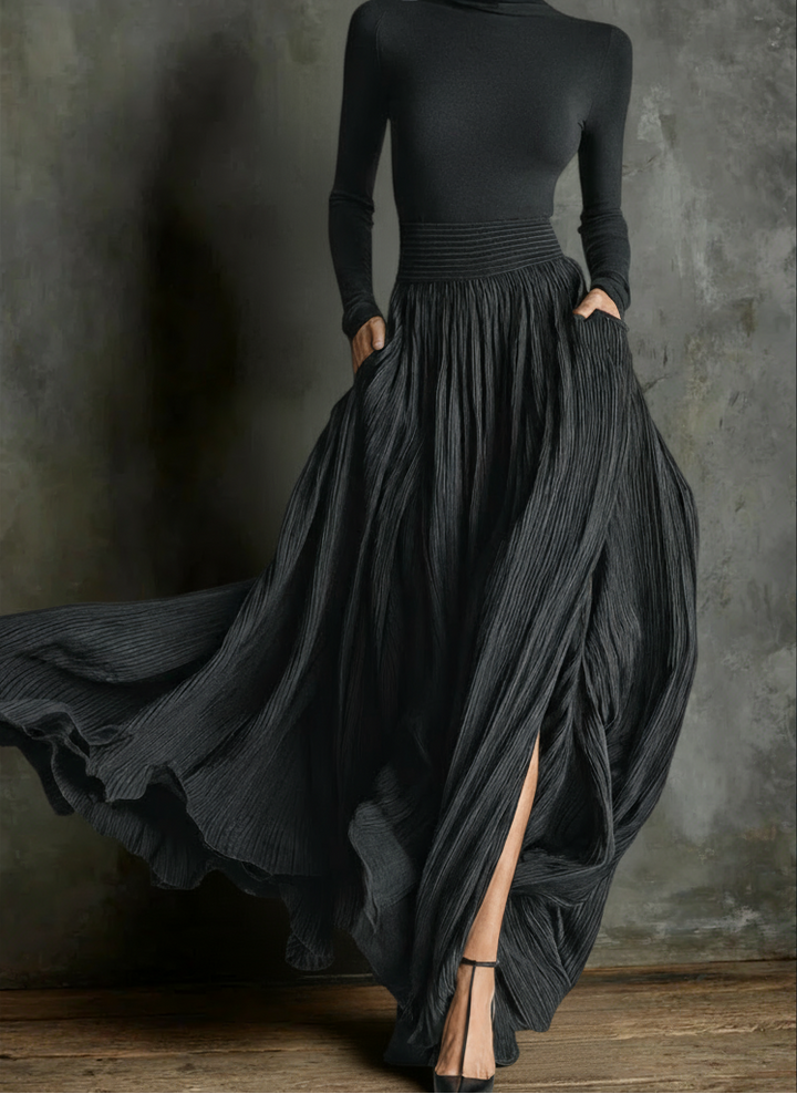 Elegant black high-waisted maxi dress for women with sophisticated side slit. Perfect for evening or special occasions.