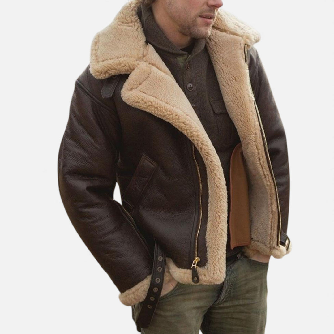 Dark brown men's insulated winter jacket, classic design for cold weather. Warm and smart casual outerwear.