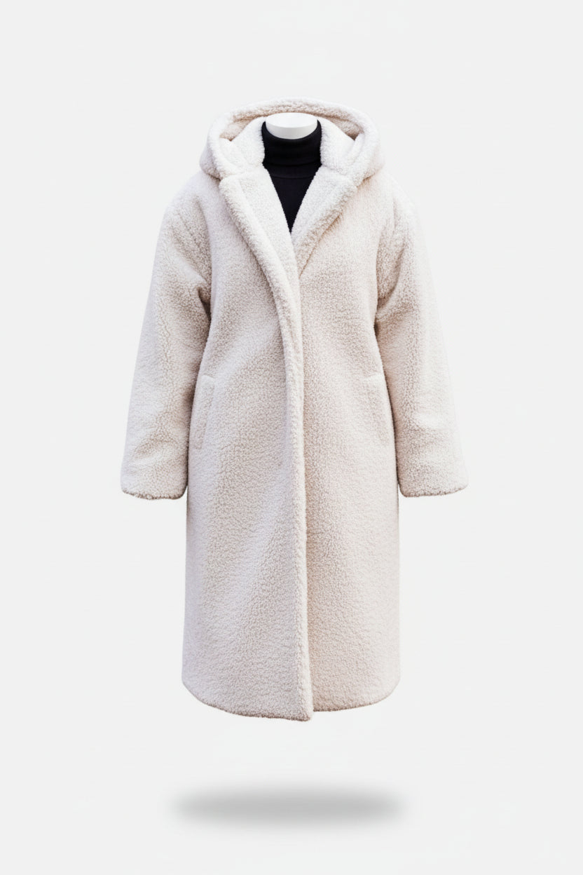 Elegant women's plush long winter coat, perfect for warmth & style.