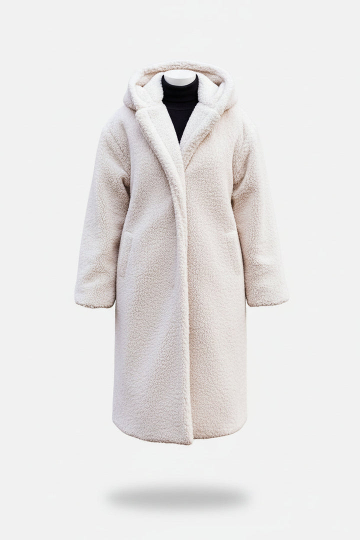 Elegant women's plush long winter coat, perfect for warmth & style.