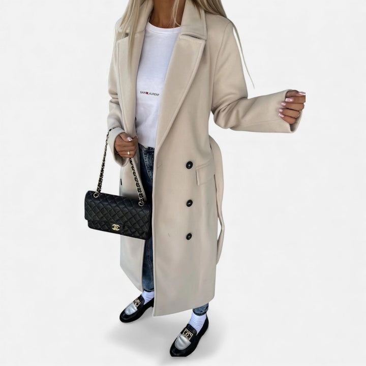 Elegant women's belted lapel mid-length overcoat in classic style, perfect for fall and winter fashion.