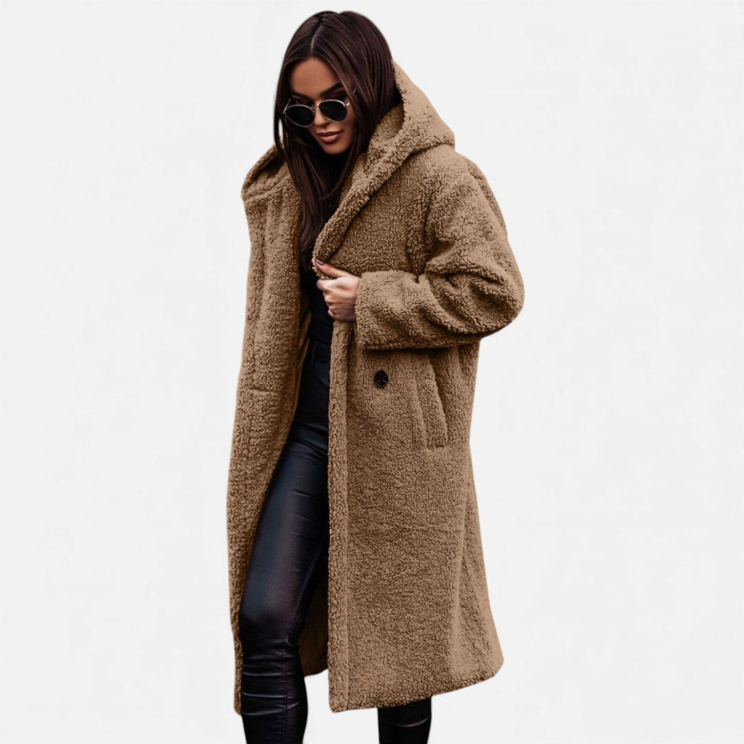 Cozy women's long plush winter jacket, elegant outerwear for ultimate warmth & style.
