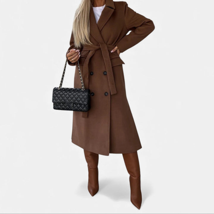 Women's sleek belted lapel overcoat, mid-length design offering a polished, sophisticated look for any occasion.