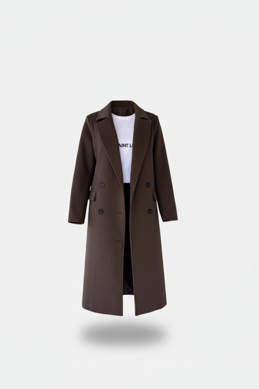 Fashionable women's belted lapel mid-length overcoat, an elegant and cozy winter outerwear piece for women.