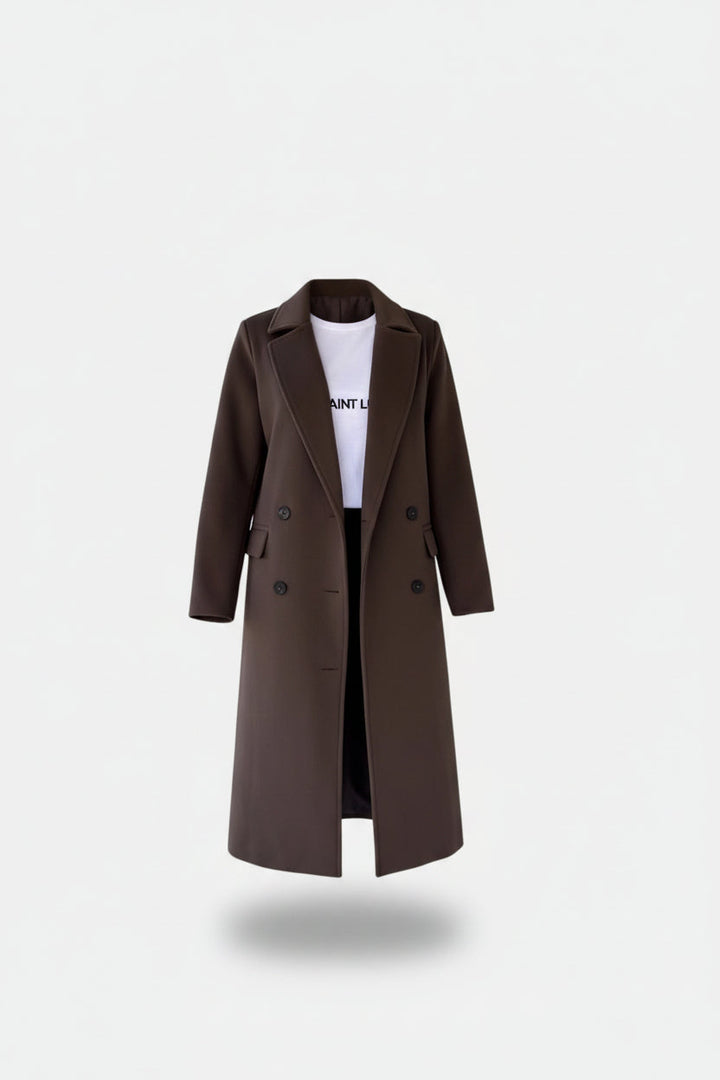 Fashionable women's belted lapel mid-length overcoat, an elegant and cozy winter outerwear piece for women.