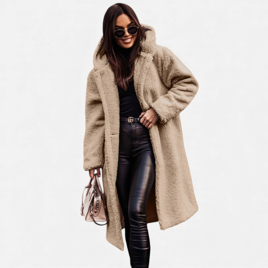 Women's elegant long plush winter coat, warm and stylish for cold weather.
