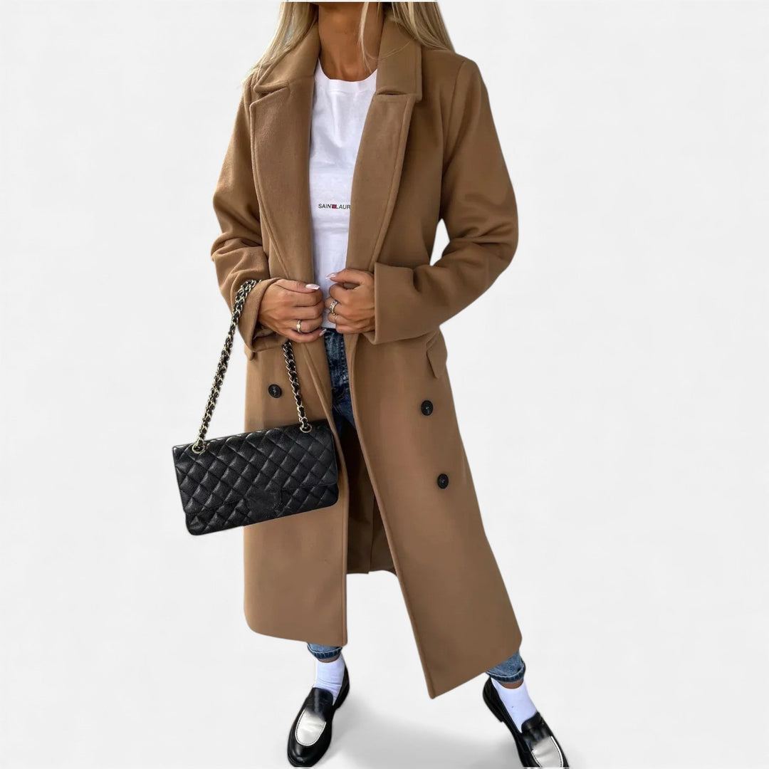 Classic women's belted mid-length lapel coat, a stylish & polished overcoat for fall and winter fashion.