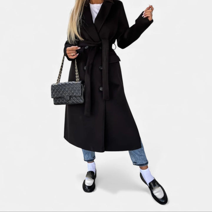 Sophisticated women's mid-length overcoat with belt & lapels, ideal for elegant winter outerwear & cozy style.