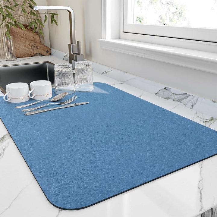 Ultra absorbent dish drying mat for kitchen counters. Fast-drying sink mat keeps worktops clean & organized.