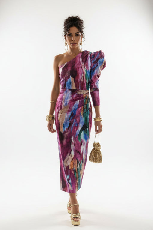 Women's elegant purple midi dress, featuring one shoulder and puff sleeves, perfect for a special occasion party.