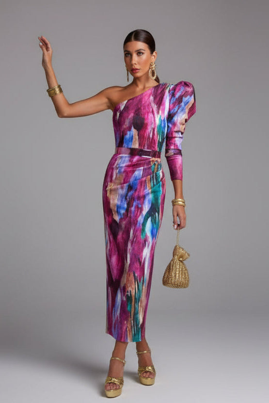 Fashionable one-shoulder purple midi dress with puff sleeves, a versatile party or special occasion outfit.