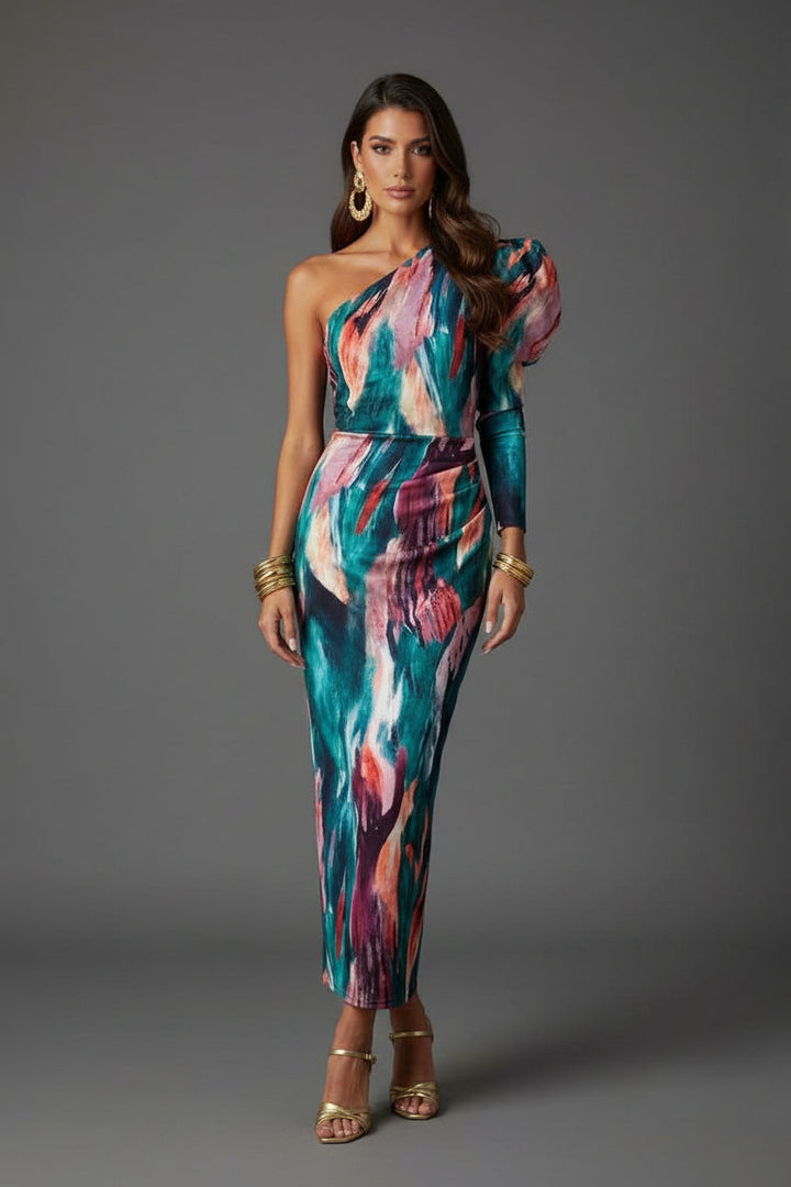 Unique one-shoulder puff sleeve design on an elegant purple midi dress for women's fashionable party wear.
