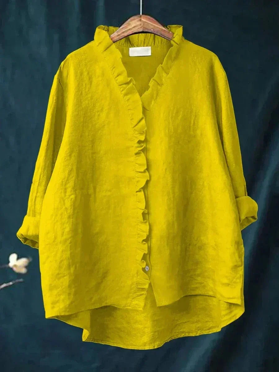 Versatile women's long-sleeve ruffled blouse, ideal for work, casual outings, or elegant evening wear.