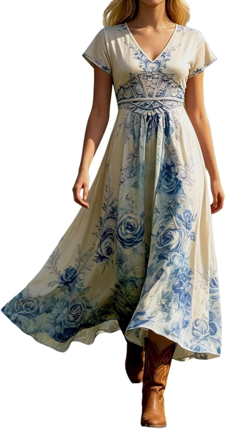 Chic women's V-neck floral maxi dress with short sleeves, ideal for elegant spring & summer fashion.