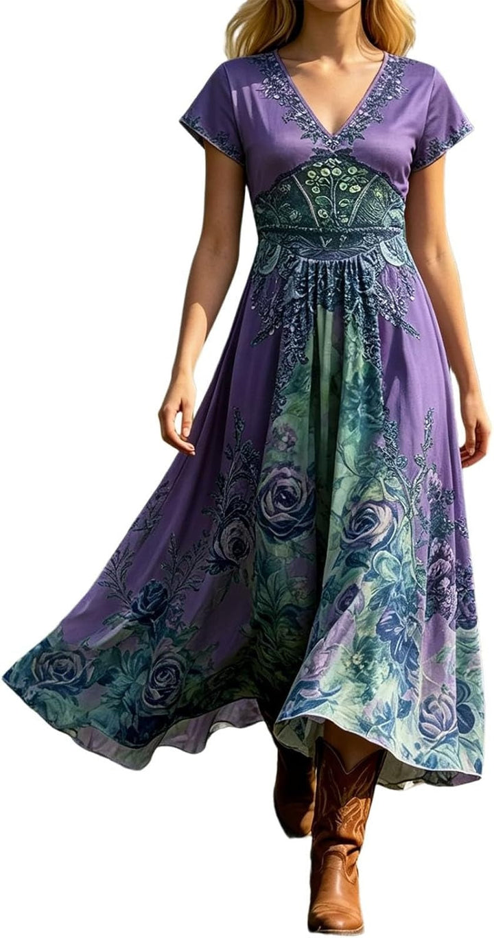 Elegant women's V-neck short sleeve floral maxi dress, perfect for summer vacation and resort wear.