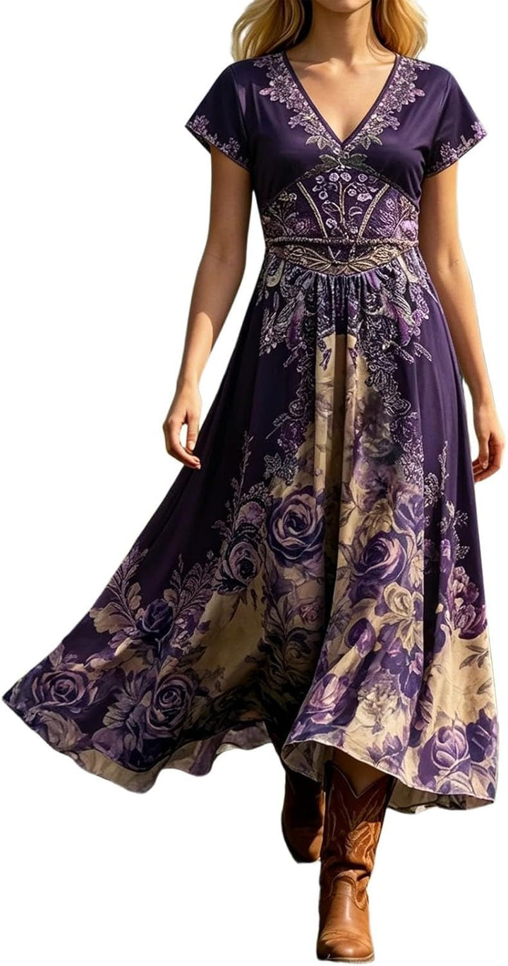 Comfortable women's short sleeve V-neck floral maxi dress, great for casual outings or a stylish party.