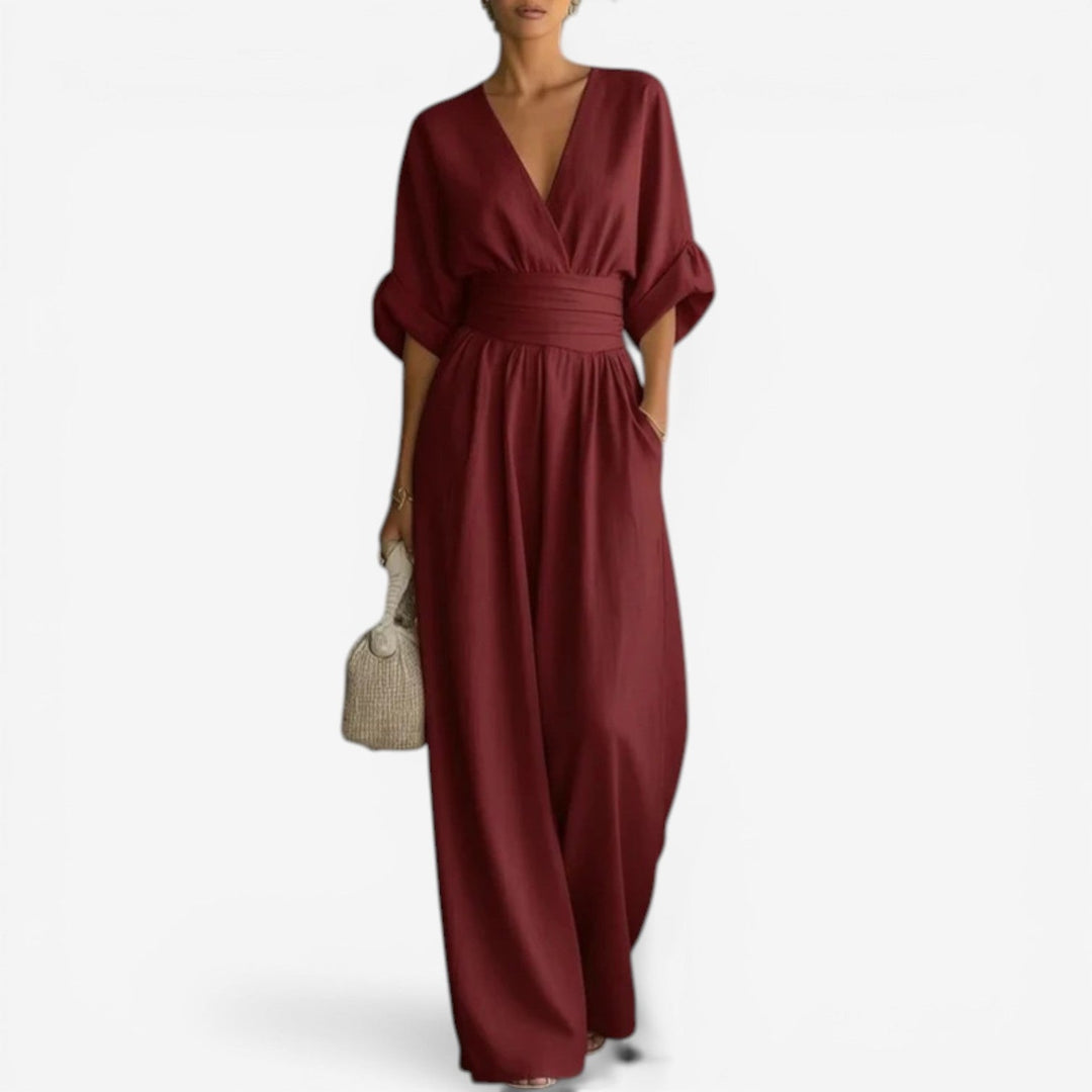 Comfortable women's wide sleeve V-neck one-piece, a versatile romper for effortless daily style.