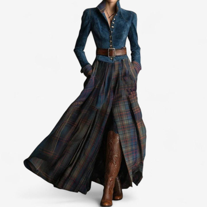 Women's elegant checked denim blue midi dress. Bohemian long-sleeve day dress with a flattering belted waist for fall.