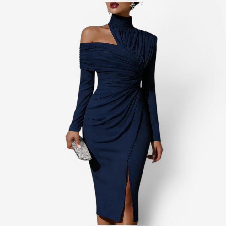 Sculpted silhouette wrap midi dress for women, an elegant choice for cocktail and evening events.