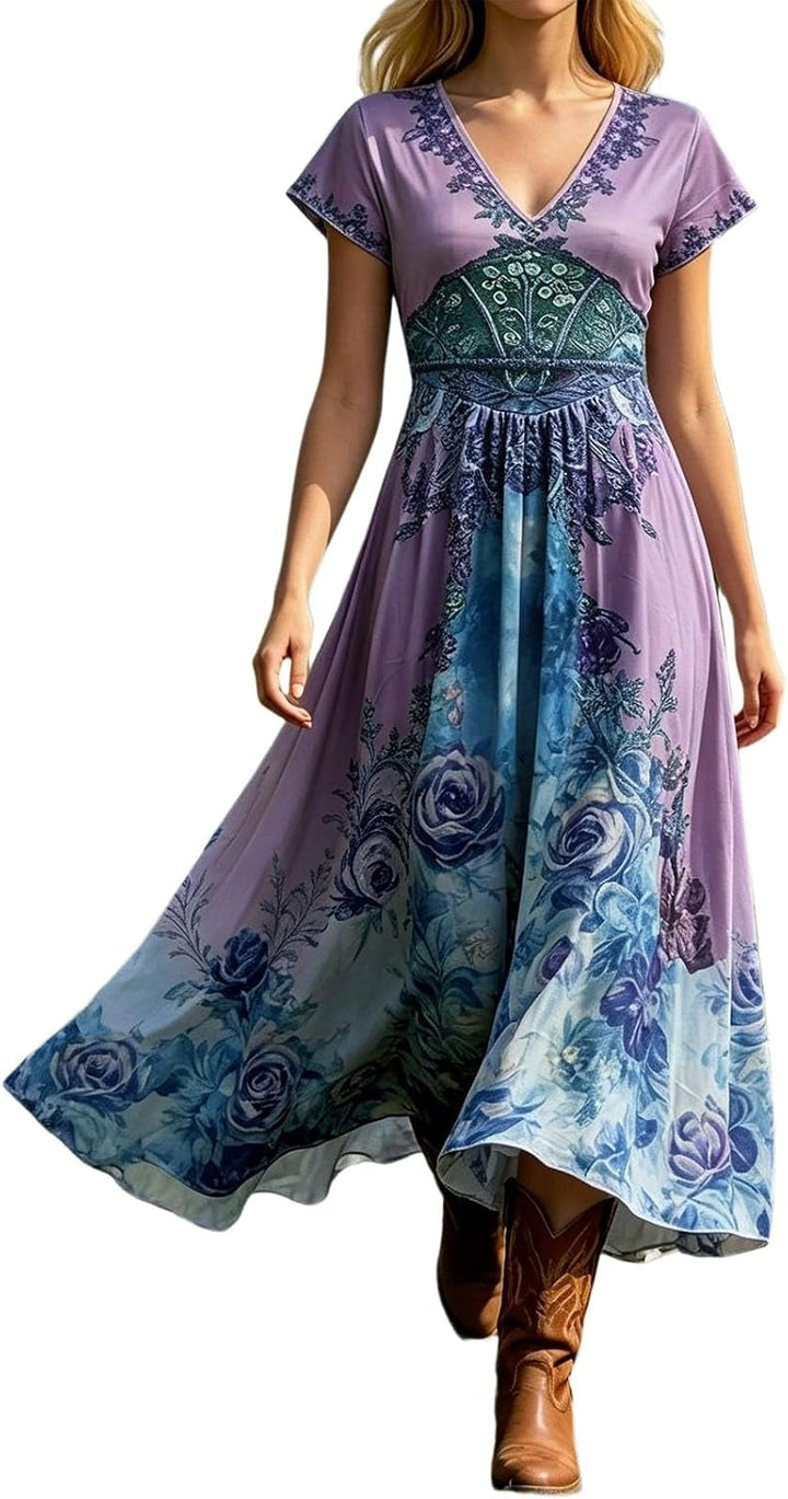 Flowy women's floral printed maxi dress with V-neck & short sleeves, versatile for casual spring or party wear.