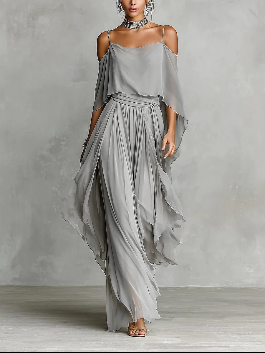 Elegant grey women's off-shoulder two-piece set with flowy wide-leg trousers, perfect for summer vacation wear.