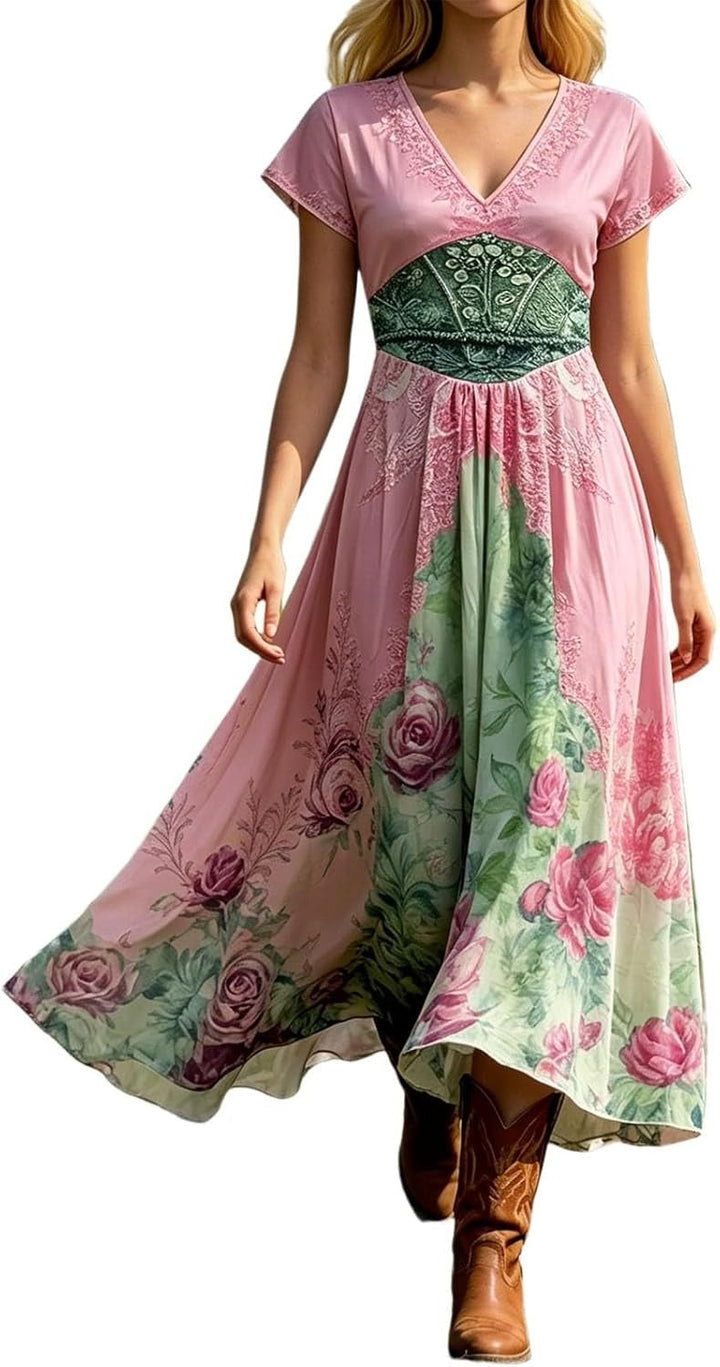 Versatile women's V-neck short sleeve floral maxi dress. A flowy printed dress for elegant summer & spring fashion.