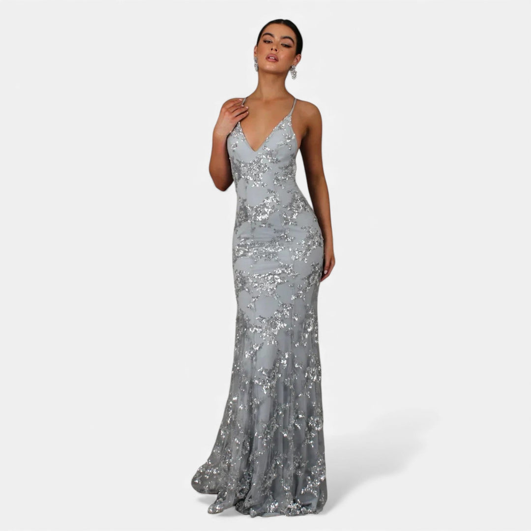 Shimmering sequin maxi dress, an elegant long formal gown for women, perfect for evening wear & cocktail parties.
