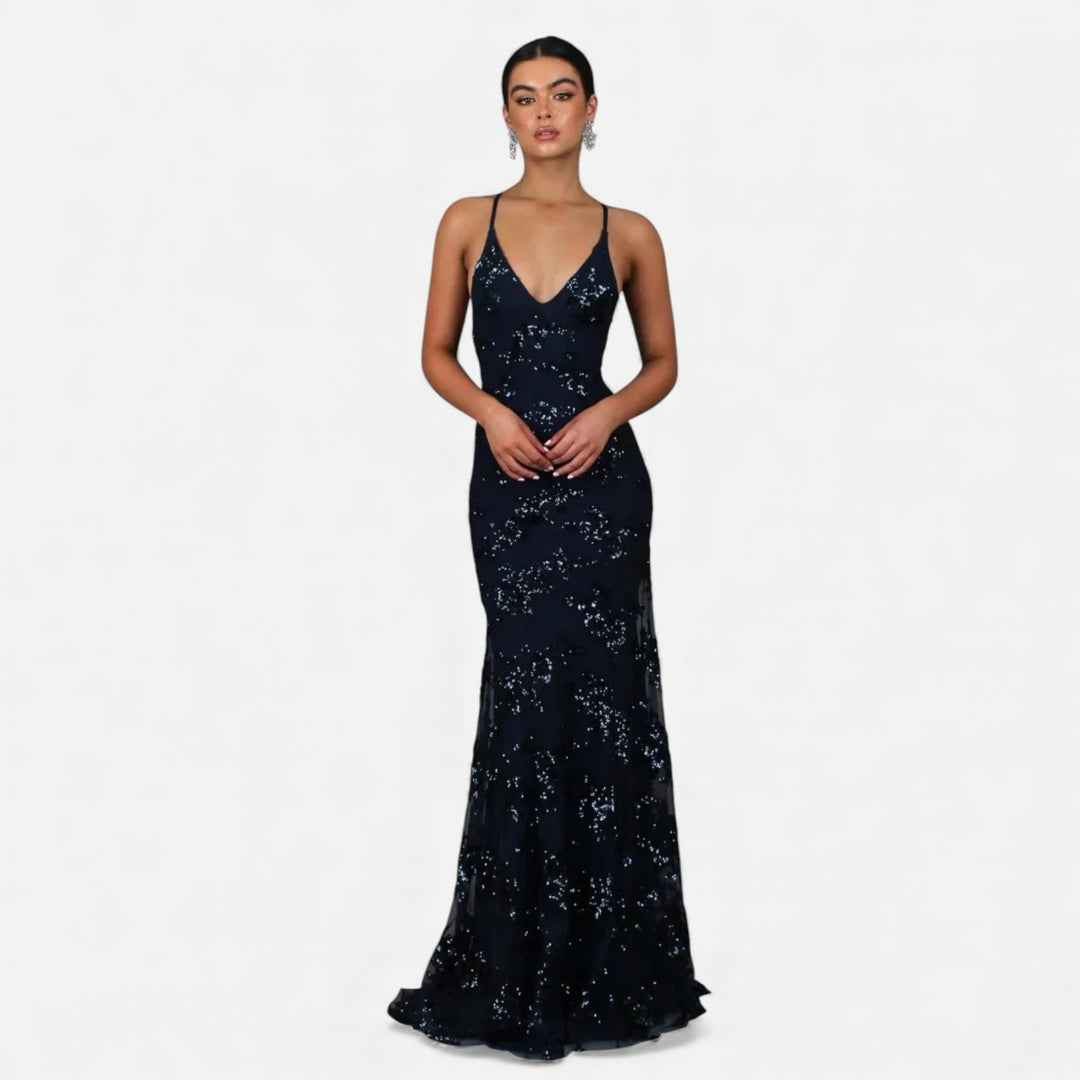 Glamorous sequin maxi gown, an elegant women's evening dress ideal for special occasions & formal parties.