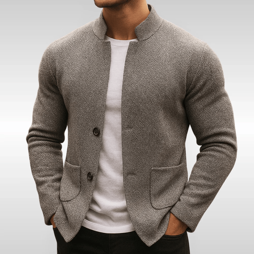 Men's versatile grey textured knit cardigan with pockets, ideal for smart casual layering and comfort.