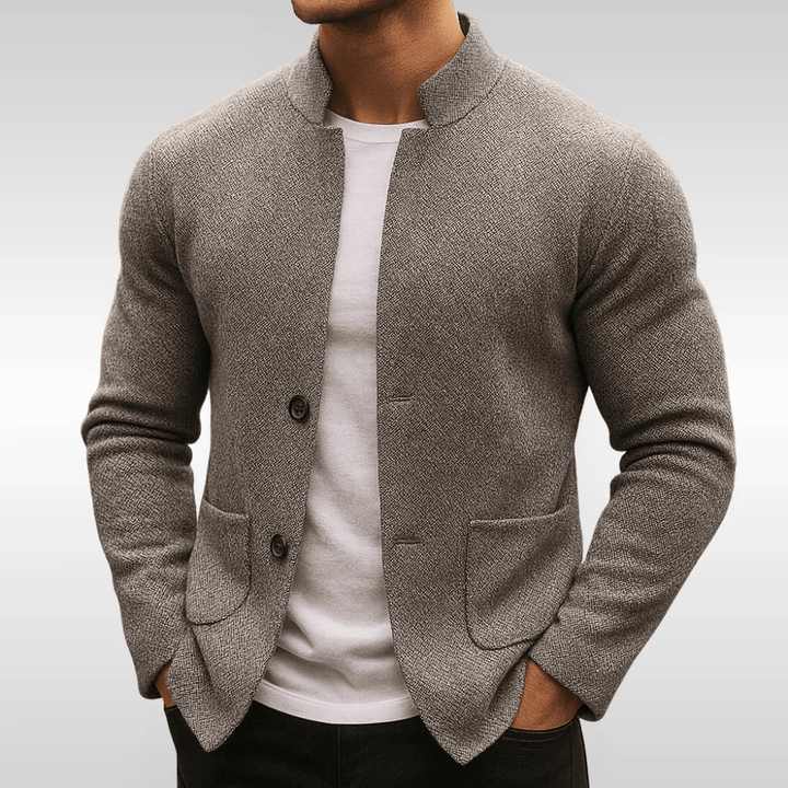 Men's versatile grey textured knit cardigan with pockets, ideal for smart casual layering and comfort.