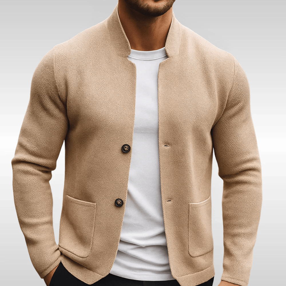 Comfortable men's beige textured pocket cardigan, perfect versatile layering for any smart casual outfit.