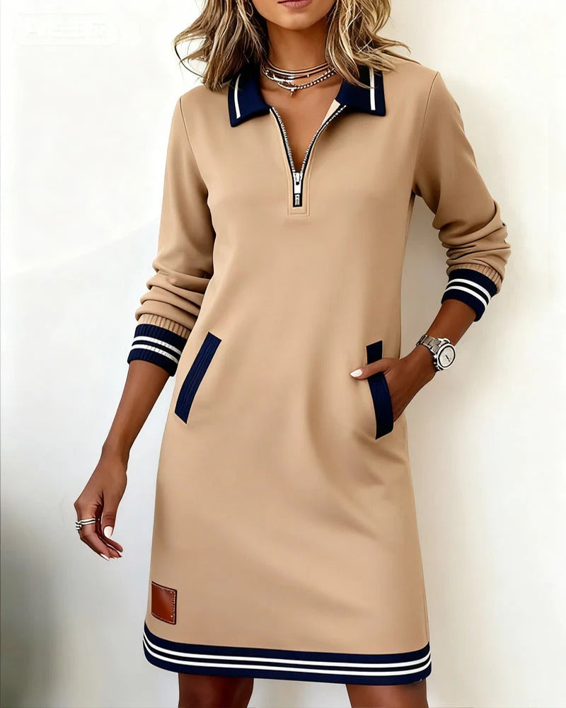 Cozy women's long sleeve collar dress, a comfortable midi for crisp autumn and winter mornings.