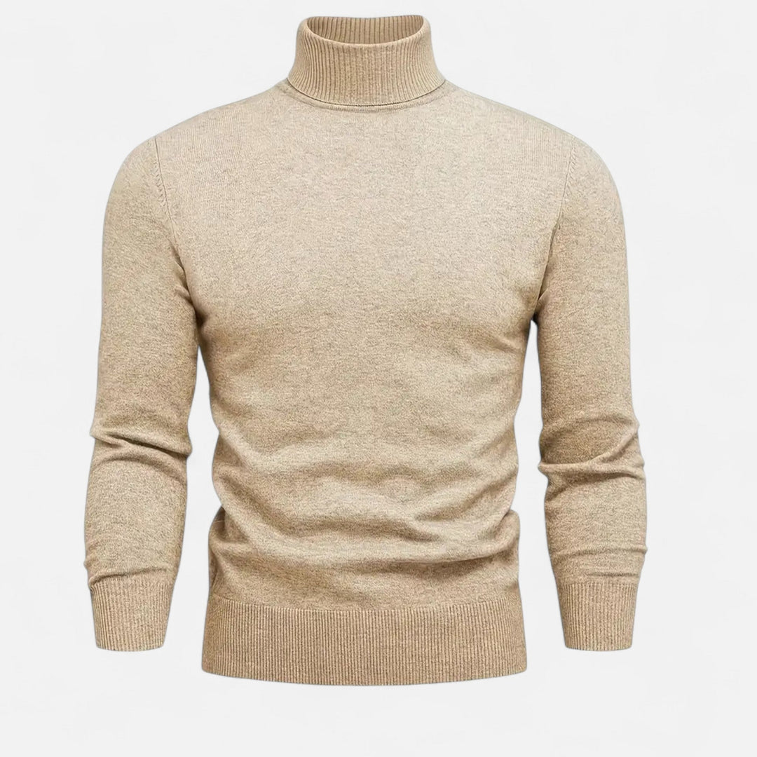 Men's high-neck sweater for elegant winter fashion, offering warmth & sophisticated casual style. Long sleeve, ribbed.