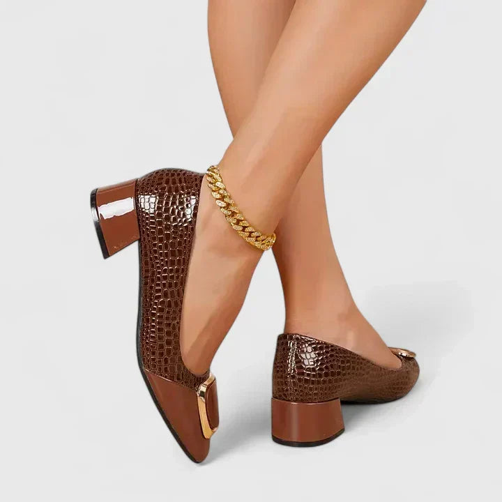 Women's block heel closed toe loafers, elegant slip-on footwear for office or casual chic.