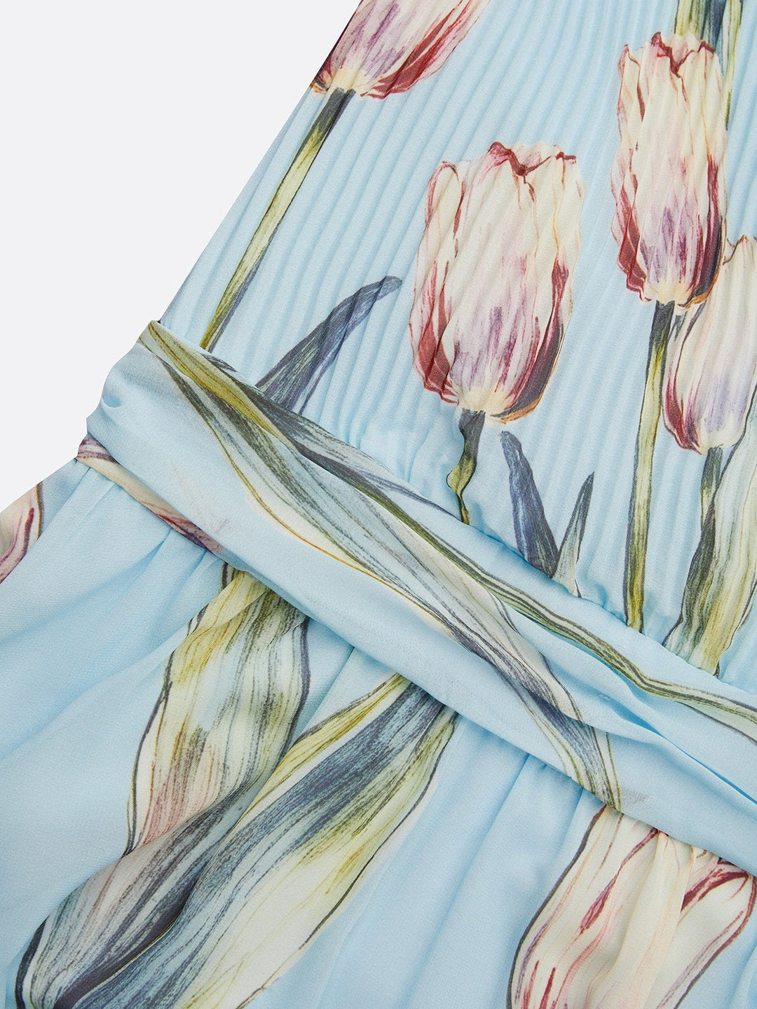 Elegant sleeveless V-neck maxi dress for women, intricate tulip floral print, occasion wear.