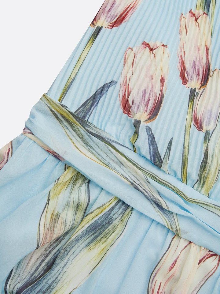 Elegant sleeveless V-neck maxi dress for women, intricate tulip floral print, occasion wear.