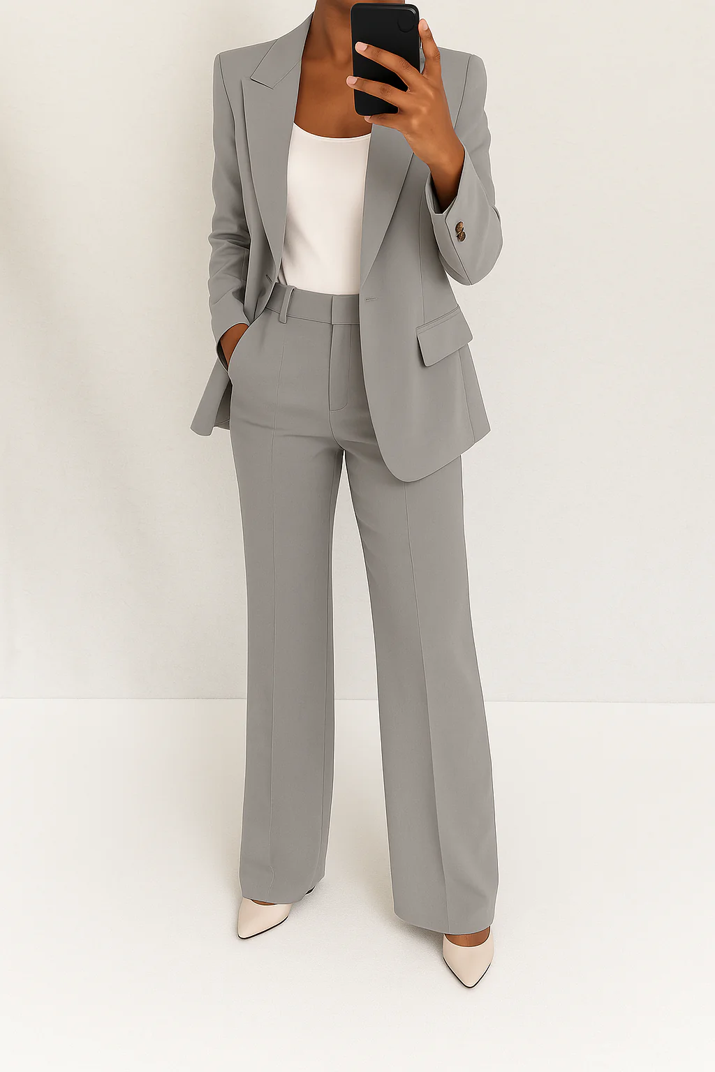 Close-up of a women's elegant two-piece suit fabric, showcasing the sophisticated texture of the blazer and trousers.