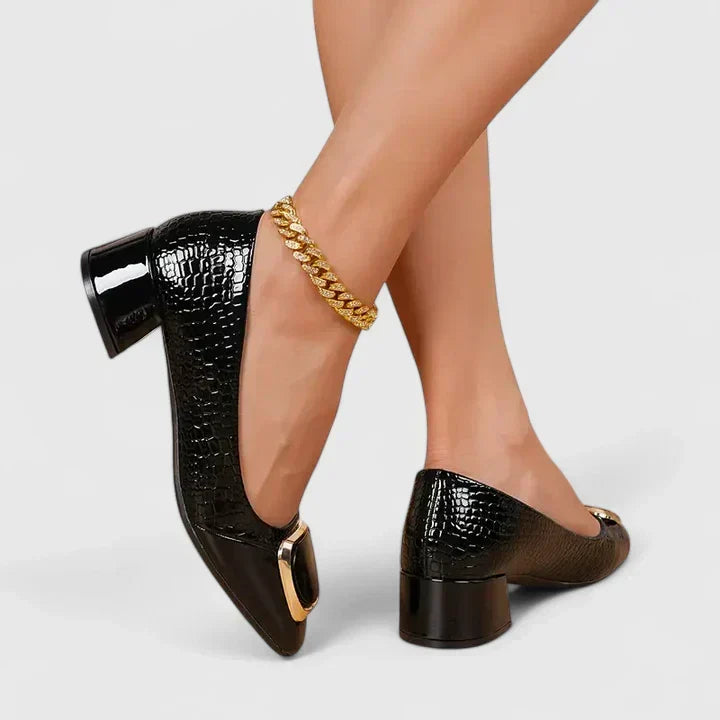 Stylish women's block heel loafers, closed toe slip-on shoes, ideal for elegant everyday fashion & office.