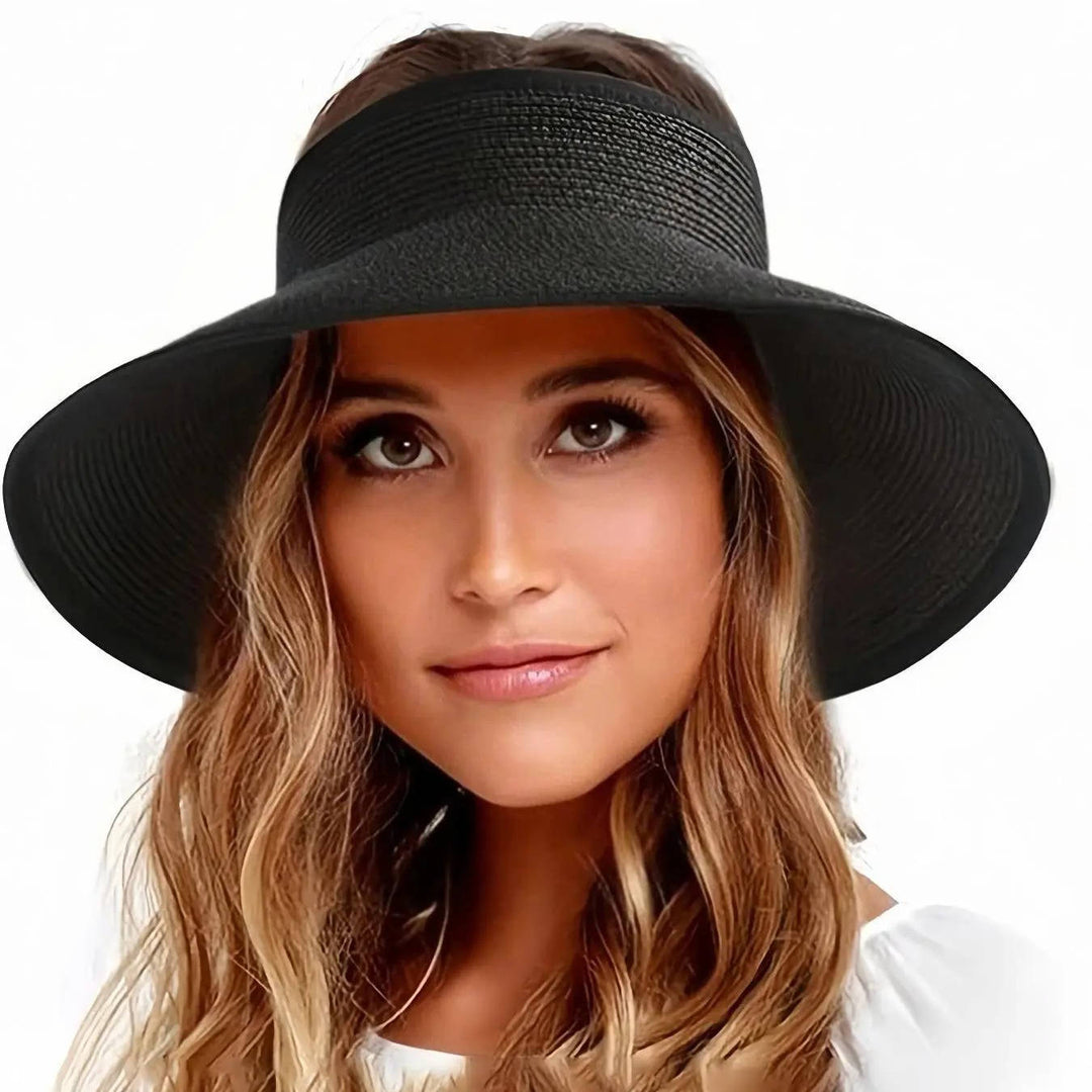 Women's straw wide brim visor hat for ultimate sun protection & beach days. Adjustable, stylish summer accessory.
