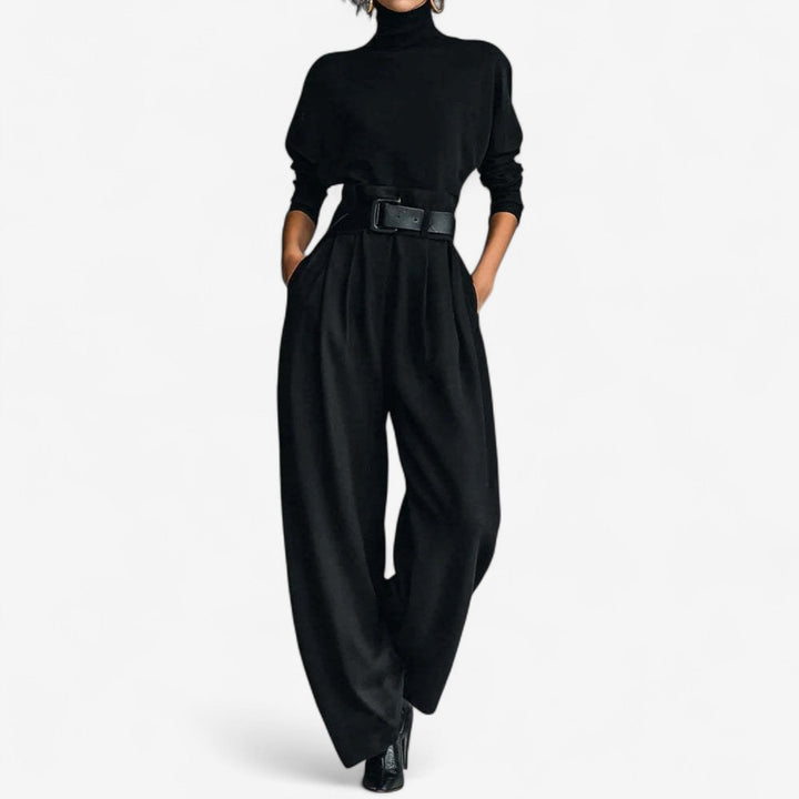 Women's elegant high-neck jumpsuit, wide-leg design for sophisticated formal or evening wear.